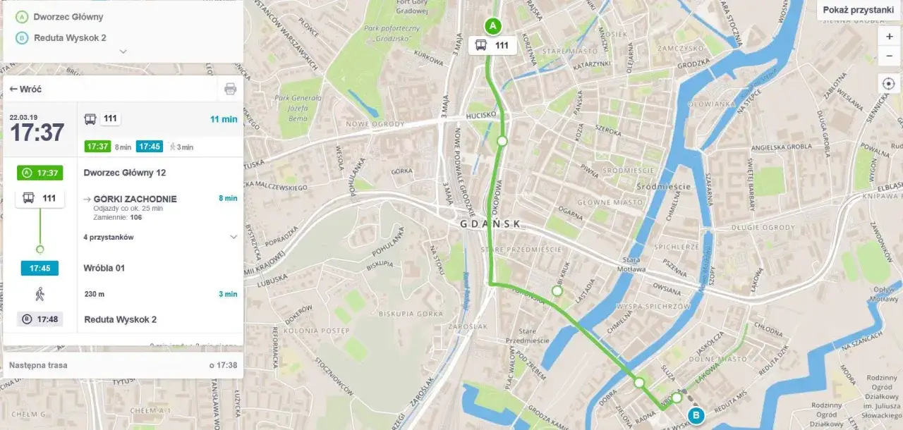 Jak dojechać do zoo w Gdańsku z dworca PKP? Mapa pokazuje trasę autobusem 111 z Dworca Głównego do Reduty Wyskoka 2.