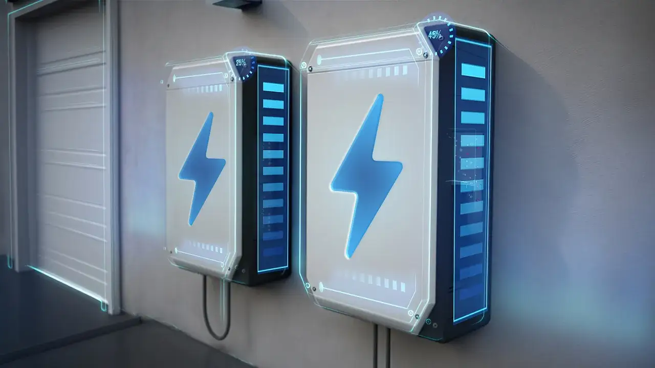 Dwa nowoczesne magazyny energii z niebieskimi symbolami błyskawicy i wskaźnikami naładowania. Czy warto zainwestować w magazyn energii?