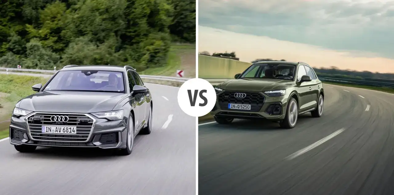 Szary Audi A6 Avant i zielony Audi Q5 na drodze. Który model jest najmniej awaryjnym Audi?