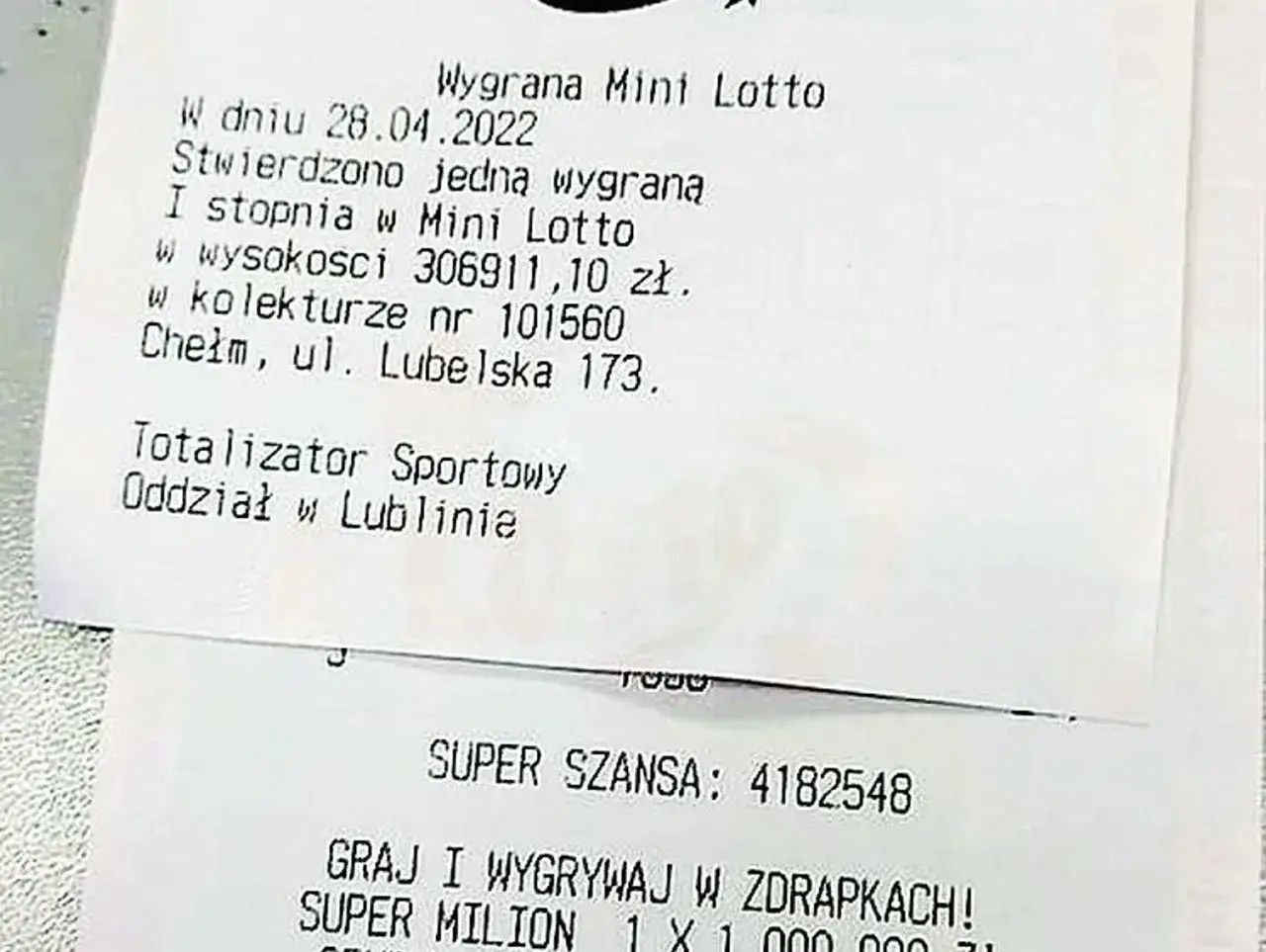 Potwierdzenie wygranej w Mini Lotto. Wypłata w kolekturze nr 101560 w Chełmie, ul. Lubelska 173.