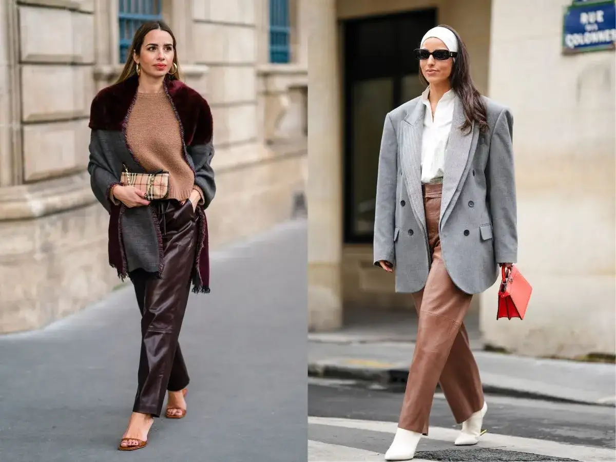 Dwie kobiety prezentują stylowe karmelowe spodnie. Jedna w bordowym szalu i swetrze, druga w szarym żakiecie i białej koszuli.