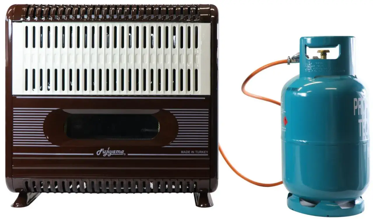 Brązowy piecyk gazowy Fujiyama z turkusową butlą gazową, gotowy do zapewnienia ciepła.