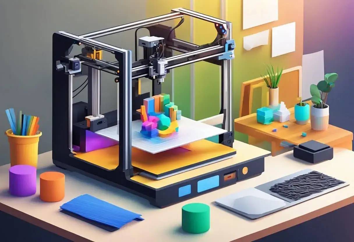 Drukarka 3D tworzy kolorowe, fajne rzeczy do druku. Obok stoją materiały do tworzenia.