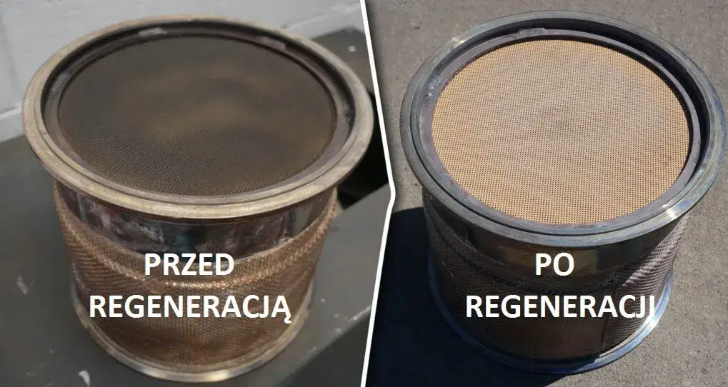 Zabrudzony filtr DPF przed i po czyszczeniu