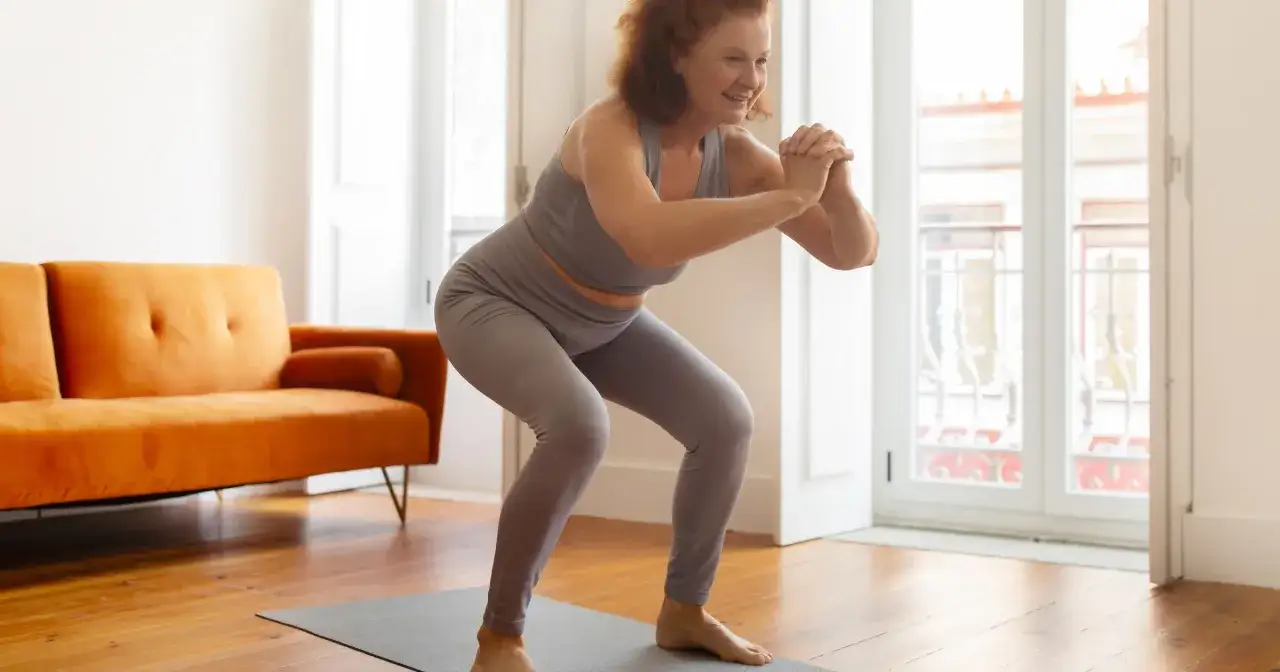 Kobieta po 40. ćwiczy w domu, wykonując przysiady. To świetny sposób, jak schudnąć z brzucha po 40.