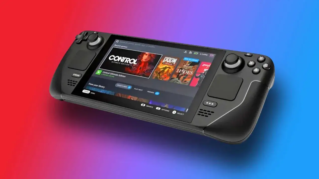 Przenośna konsola Steam Deck 2 z ekranem wyświetlającym gry takie jak Control, Doom Eternal i Hades.