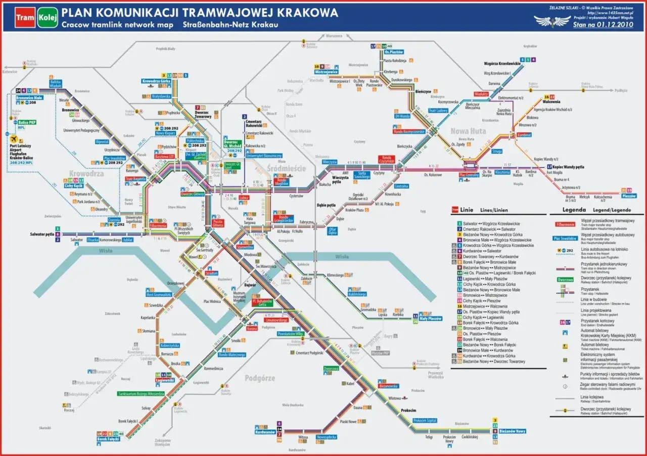 Mapa komunikacji tramwajowej Krakowa, pokazująca linie i przystanki, z zaznaczonymi trasami, które mogą być używane przez osoby podróżujące między Gdów a Krakowem.