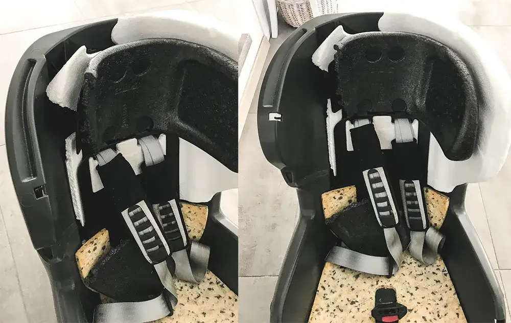 uszkodzony styropian fotelik samochodowy