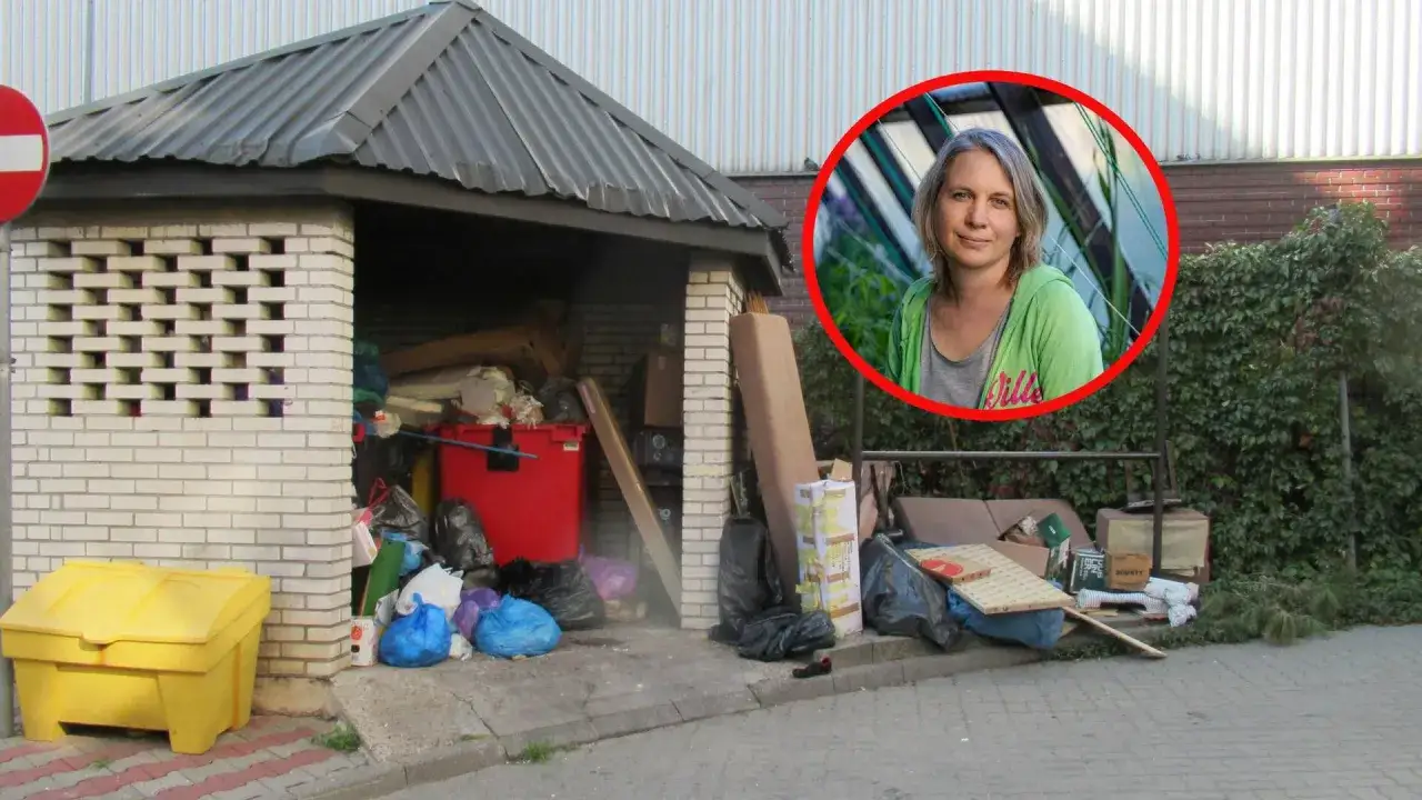 Osoba zastanawiająca się nad koszami na śmieci