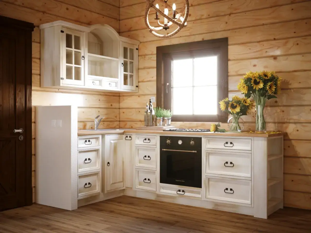 Przytulna kuchnia w stylu rustykalnym z meblami z bielonego drewna sosnowego. Słoneczniki w wazonach dodają ciepła.