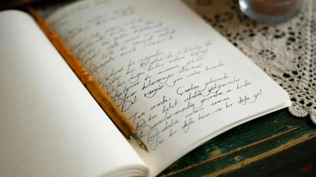 Otwarty notatnik z ręcznie pisanymi, mądrymi cytatami i pi&oacute;rem. Widać fragmenty poezji, kt&oacute;re inspirują do refleksji.