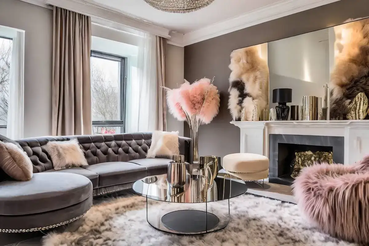 Elegancki salon z szarą sofą, okrągłym stolikiem kawowym i kominkiem. Wnętrze zdobią futrzane dodatki i błyszczące, metaliczne akcenty, tworząc grę kolor&oacute;w metali.