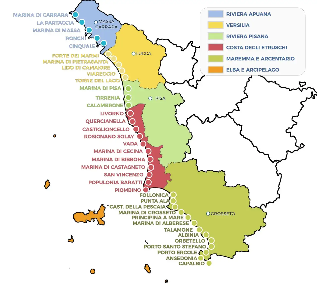 Mappa delle località balneari della Toscana