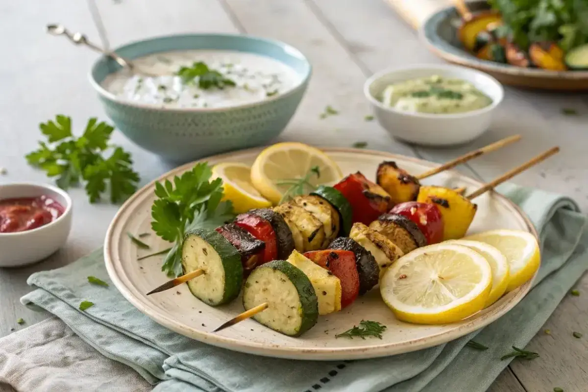 Kolorowe szaszłyki warzywne z grilla, podane z dipem i cytryną. Idealne przystawki na grilla.