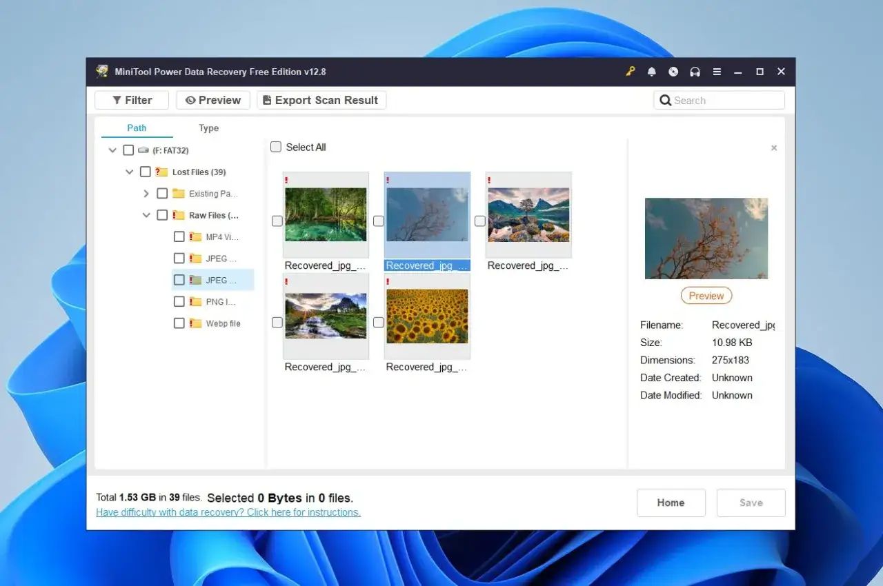 Program do odzyskiwania danych MiniTool pokazuje odzyskane pliki JPG. Widoczne są zdjęcia krajobraz&oacute;w i drzew.