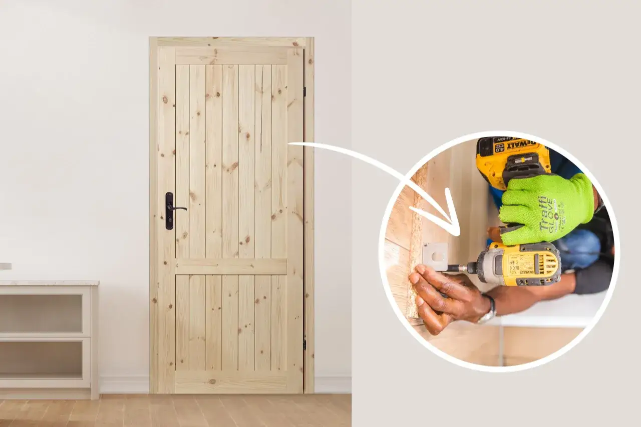 Montaż nowej, drewnianej drzwi zewnętrznych. Wiertarko-wkrętarka DeWalt precyzyjnie przykręca element.