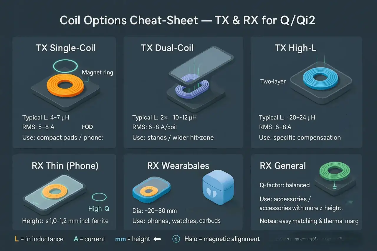 Schemat cewek do ładowania indukcyjnego: TX Single-Coil, TX Dual-Coil, TX High-L, RX Thin (Phone), RX Wearables, RX General.