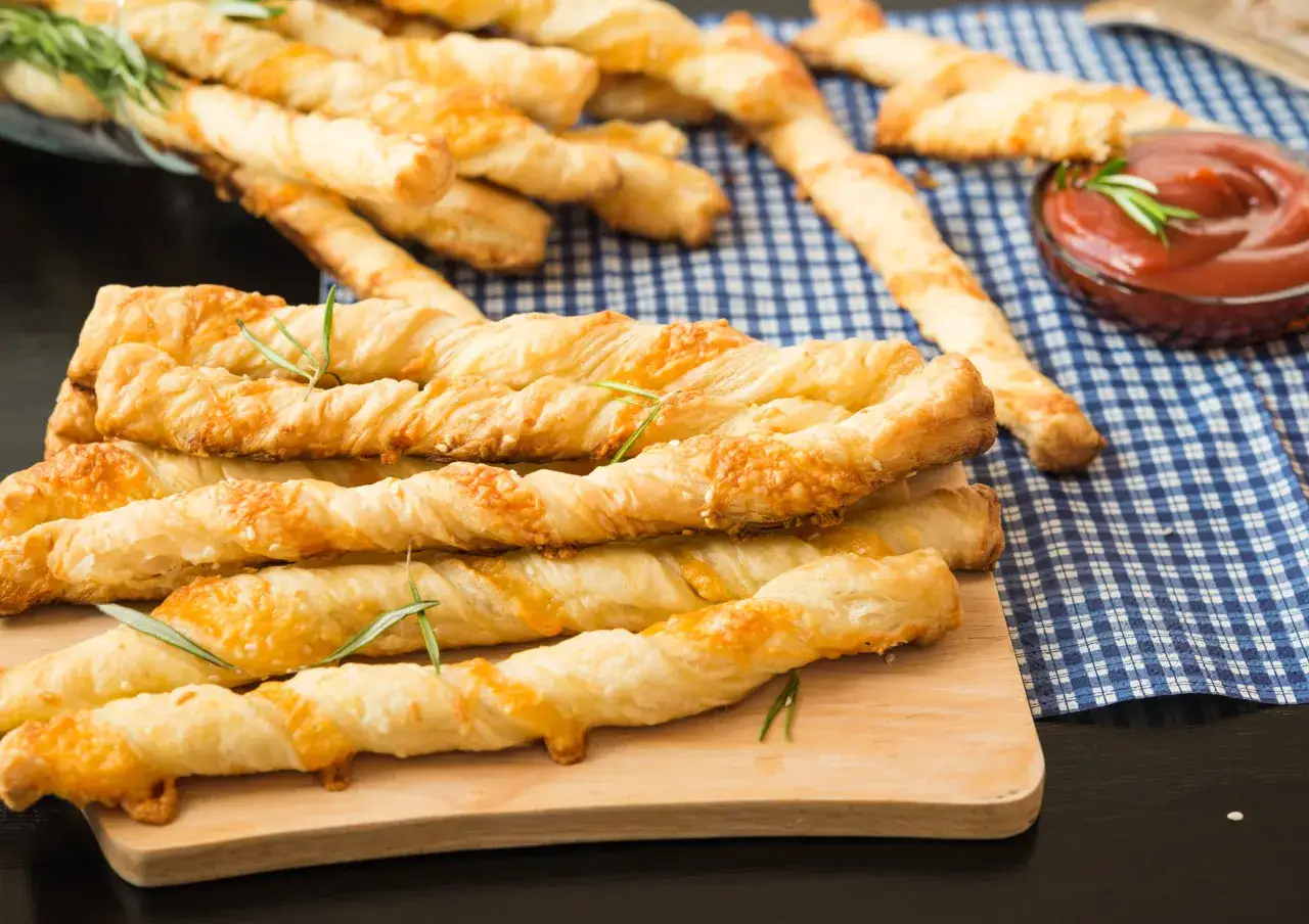 Chrupiące paluchy serowe z ciasta francuskiego, posypane serem i rozmarynem, idealne na przekąskę.