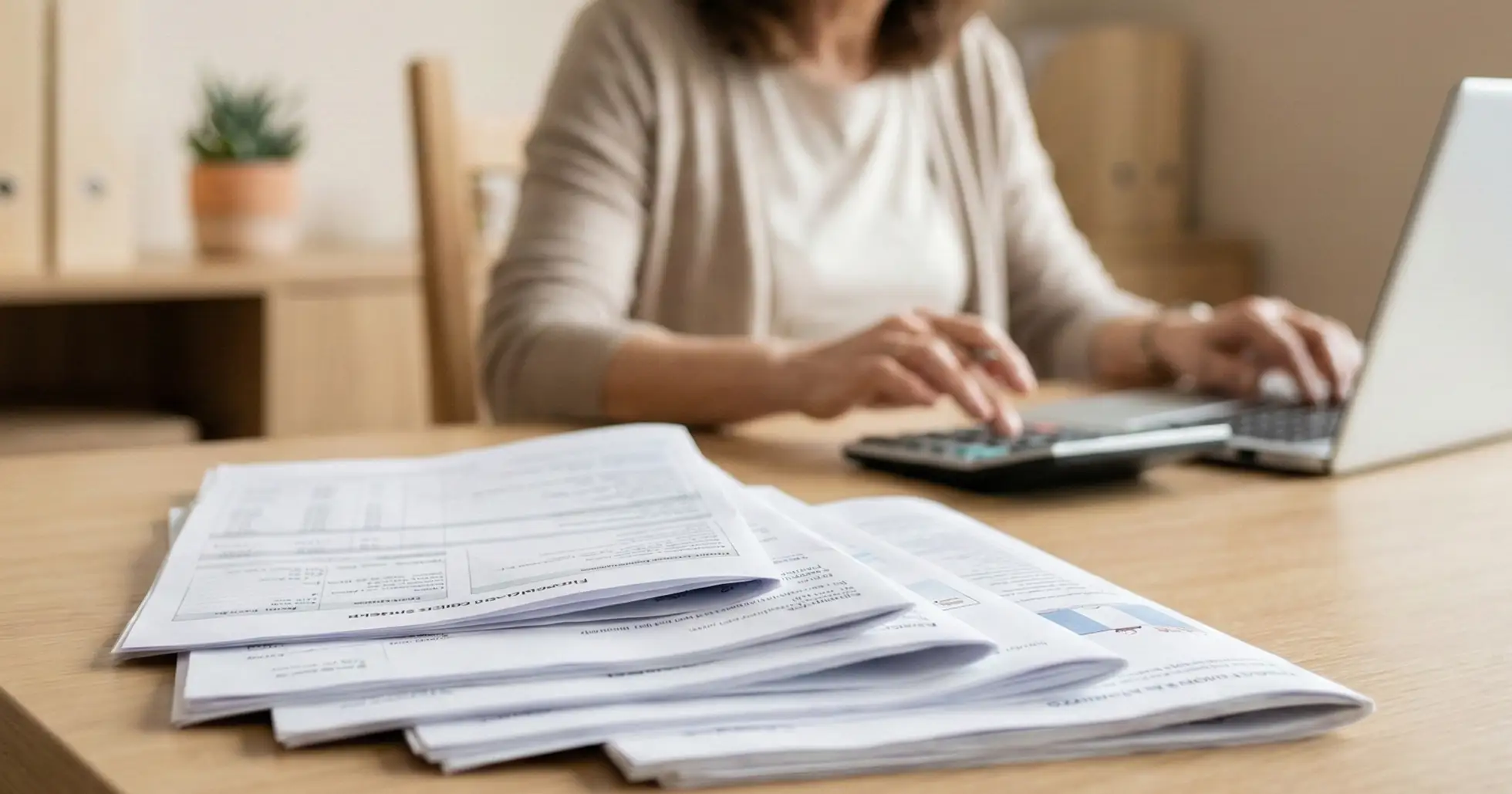 Kobieta liczy na kalkulatorze i pisze na laptopie, analizując dokumenty. Dowiaduje się, ile zarabia nauczyciel w przedszkolu publicznym.