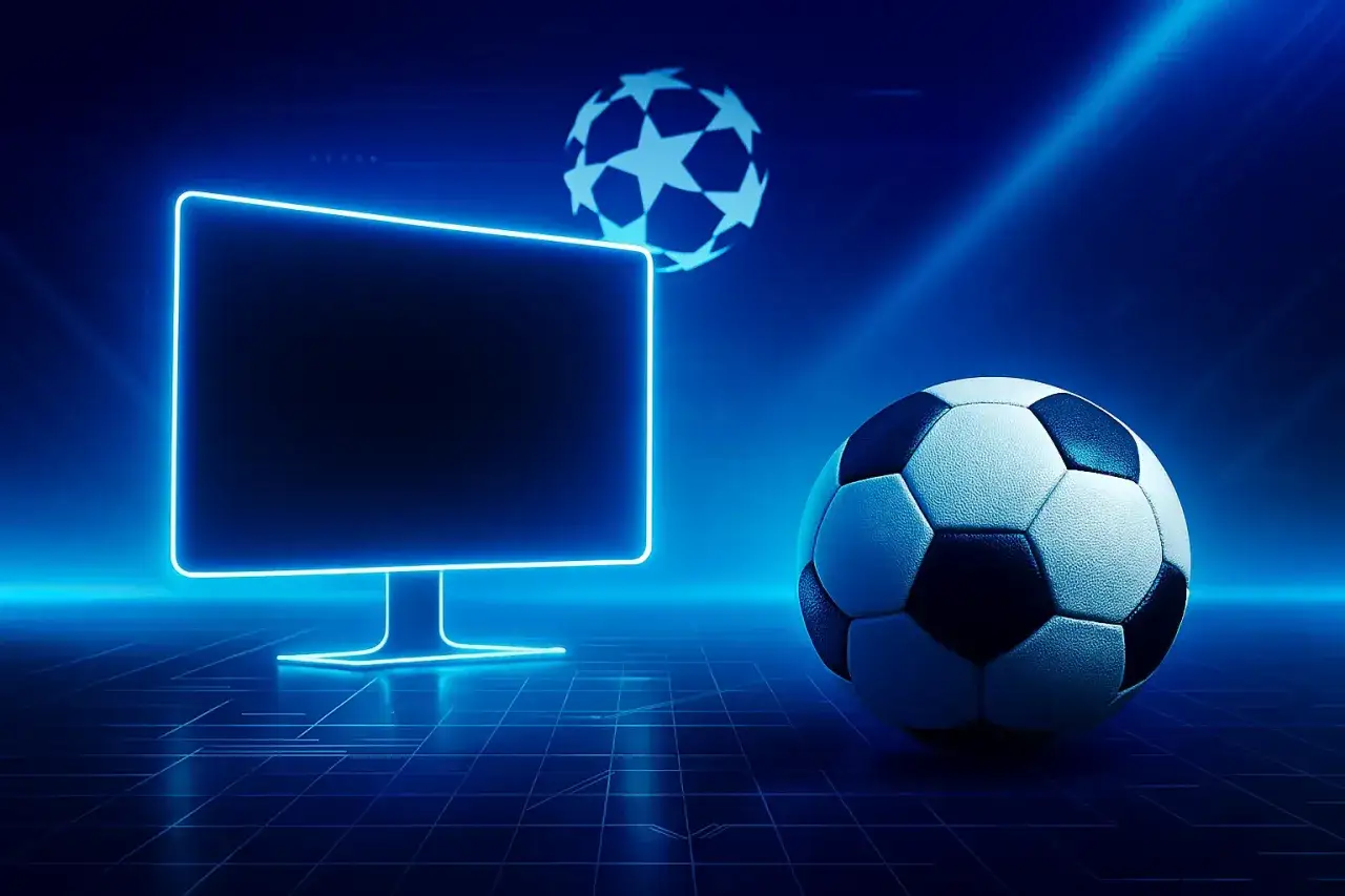 Piłka nożna i monitor z neonową ramką. Idealne miejsce, gdzie oglądać Ligę Mistrzów, by nie przegapić żadnego gola.