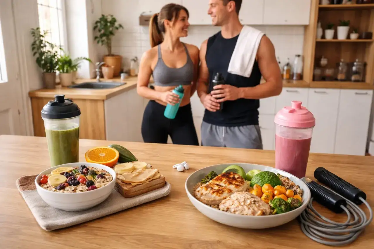 Para wiedzieć, co zjeść przed treningiem, przygotowała zdrowe posiłki: owsiankę, kanapki, smoothie i kurczaka z warzywami.