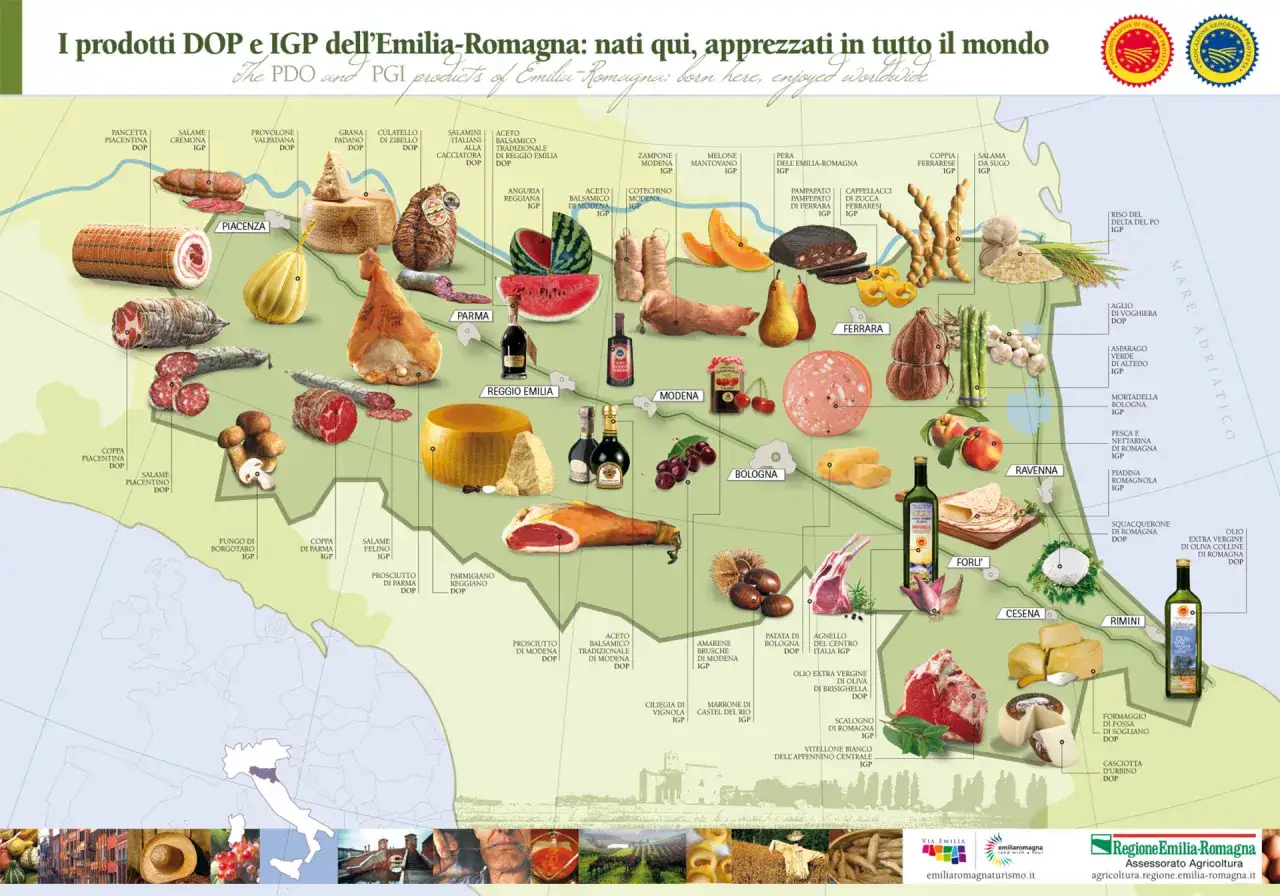 Mappa della Food Valley Emilia-Romagna con prodotti tipici