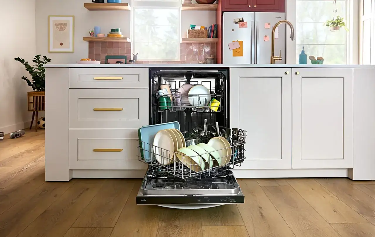 Zmywarka pełna naczyń, talerzy i kubk&oacute;w. Co zamiast tabletki do zmywarki? Może ekologiczny płyn?