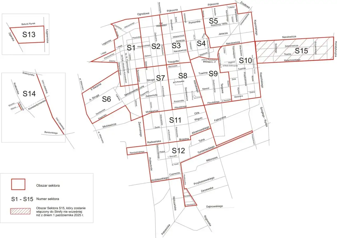 Mapa miasta z zaznaczonymi sektorami S1-S15, tworzącymi zintegrowany węzeł przesiadkowy.