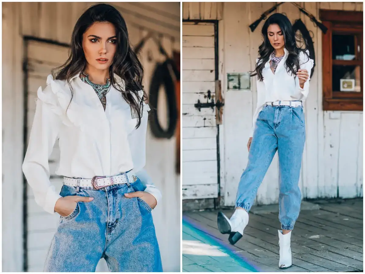 Kobieca biała koszula z falbankami i jeansowe spodnie z wysokim stanem – idealne połączenie, jakie spodnie do białej koszuli.