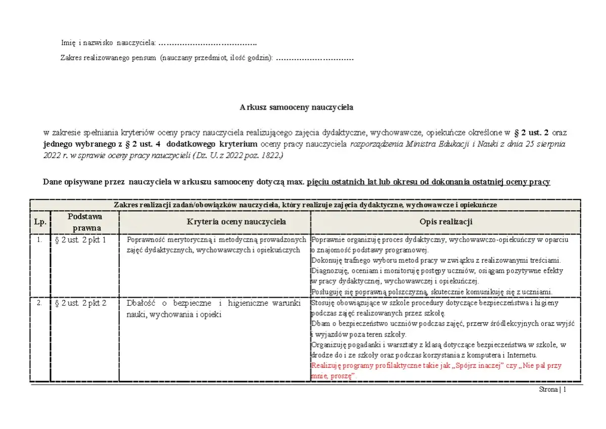 Arkusz samooceny nauczyciela, zgodny z rozporządzeniem w sprawie oceny pracy nauczyciela, zawiera kryteria i opis realizacji zadań.
