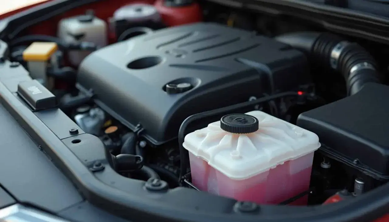 Zbiorniczek z różowym płynem, gdzie wlać płyn do wspomagania kierownicy, znajduje się pod maską samochodu, obok silnika.
