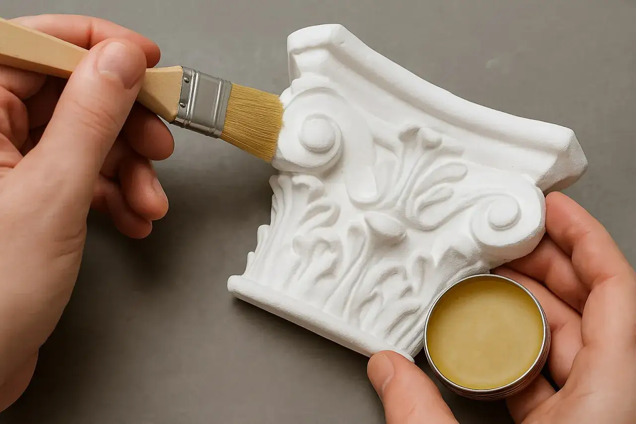 Ręce malują pędzlem białą, ozdobną figurkę. Czy gips polimerowy jest szkodliwy? Wokół wosk.
