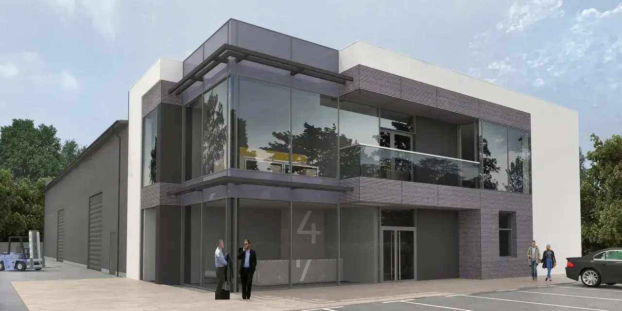 Nowoczesna hala z biurem projekt. Dw&oacute;ch mężczyzn rozmawia przed wejściem, obok stoi samoch&oacute;d.