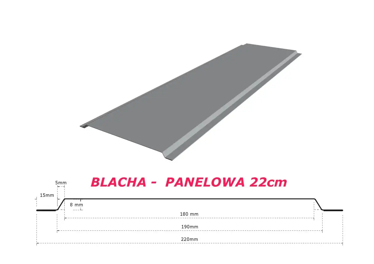 Szara blacha panelowa 22cm, idealna na drzwi garażowe, z zaznaczonymi wymiarami profilu.