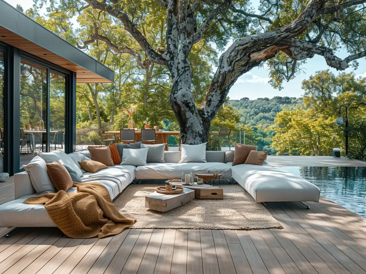 Nowoczesny taras z wygodną sofą i stolikami, idealny na relaks. Co na taras betonowy? Tu jest gotowa aranżacja!