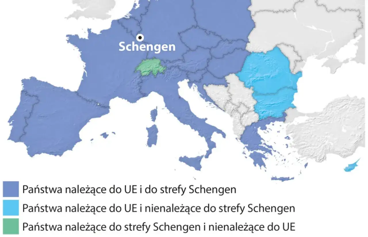 Mapa Europy z zaznaczoną strefą Schengen. Dowiedz się, ile gotówki można przewieźć przez granicę w strefie Schengen.