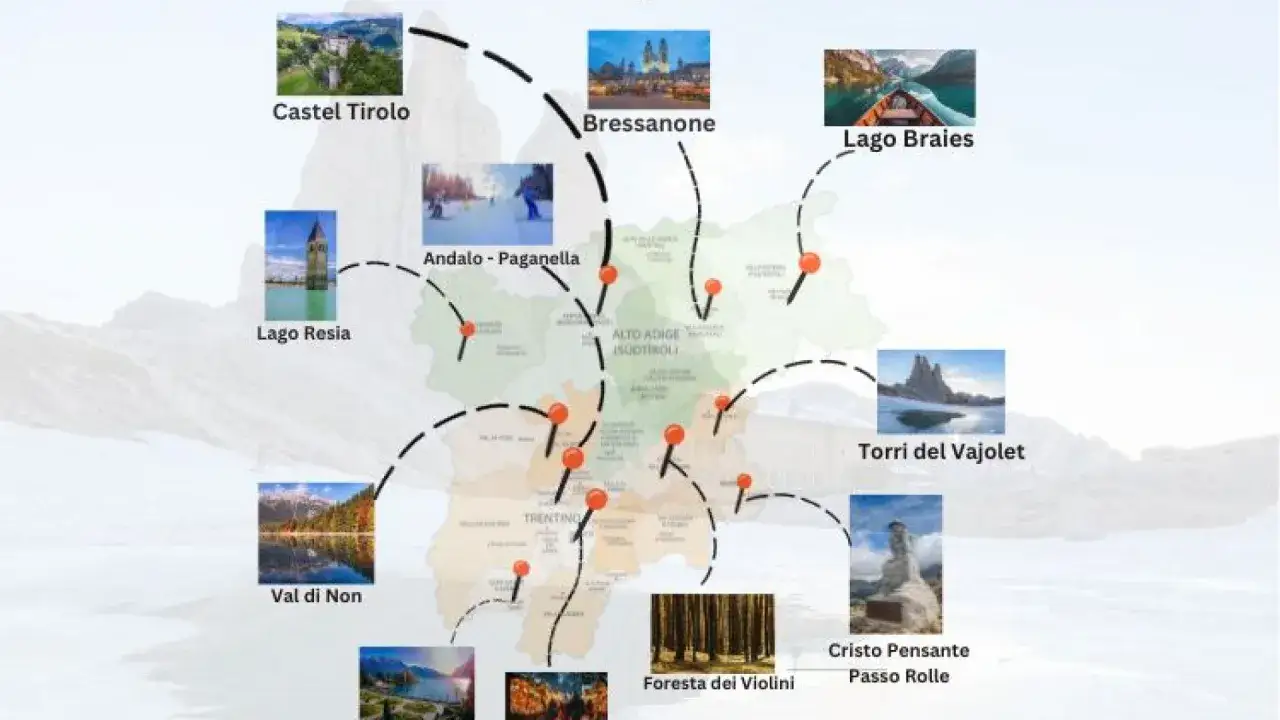 Mappa turistica Trentino Alto Adige con località sciistiche e laghi
