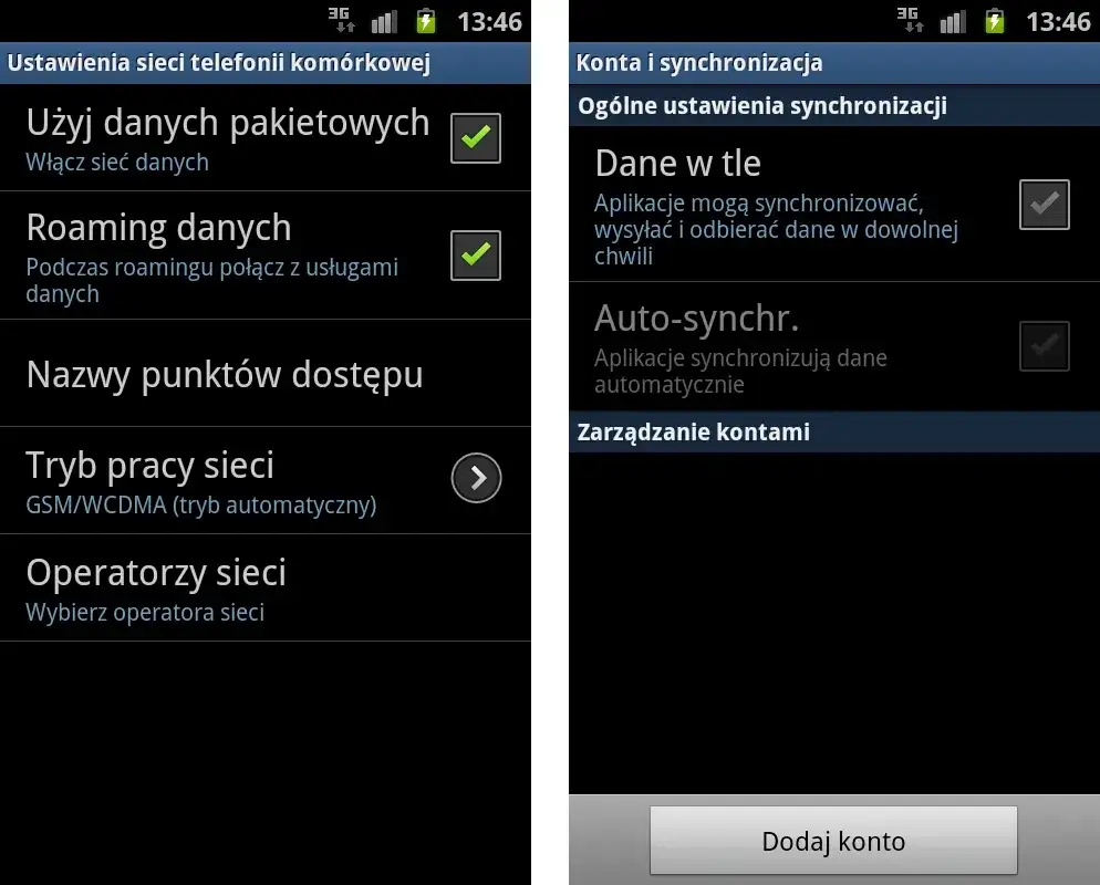 Ustawienia roamingu Android iOS