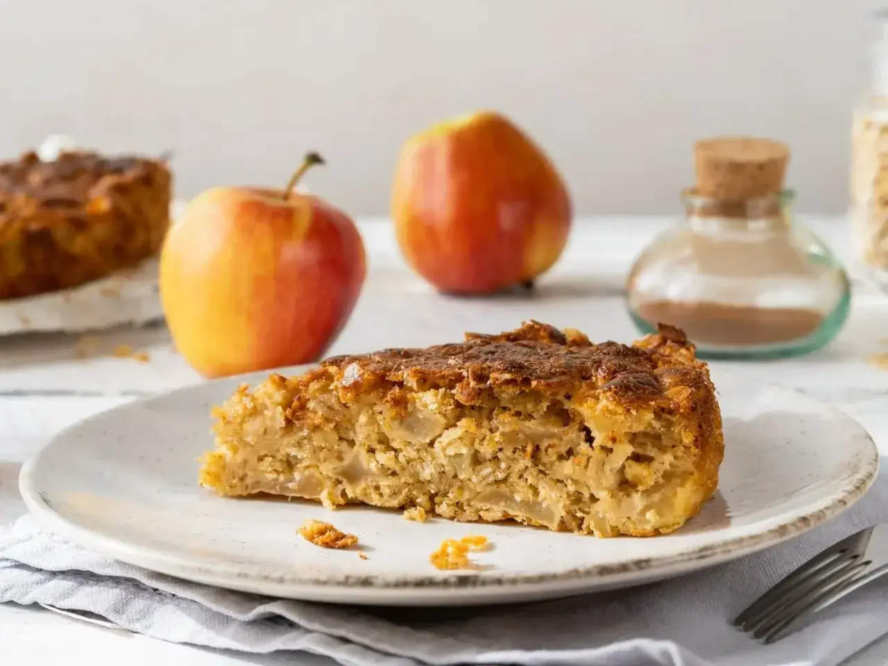 Wilgotna szarlotka bez cukru z jabłkami i cynamonem, podana na talerzu. Obok jabłka i słoiczek z przyprawami.