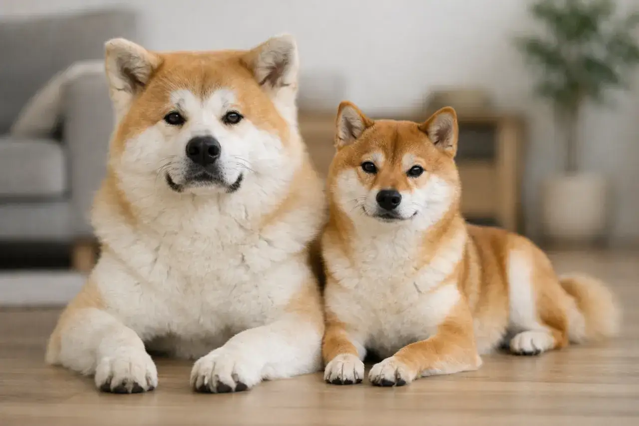 Duży Akita i mały Shiba Inu leżą obok siebie. Czy shiba i akita to to samo? Nie, choć oba to japońskie rasy psów.