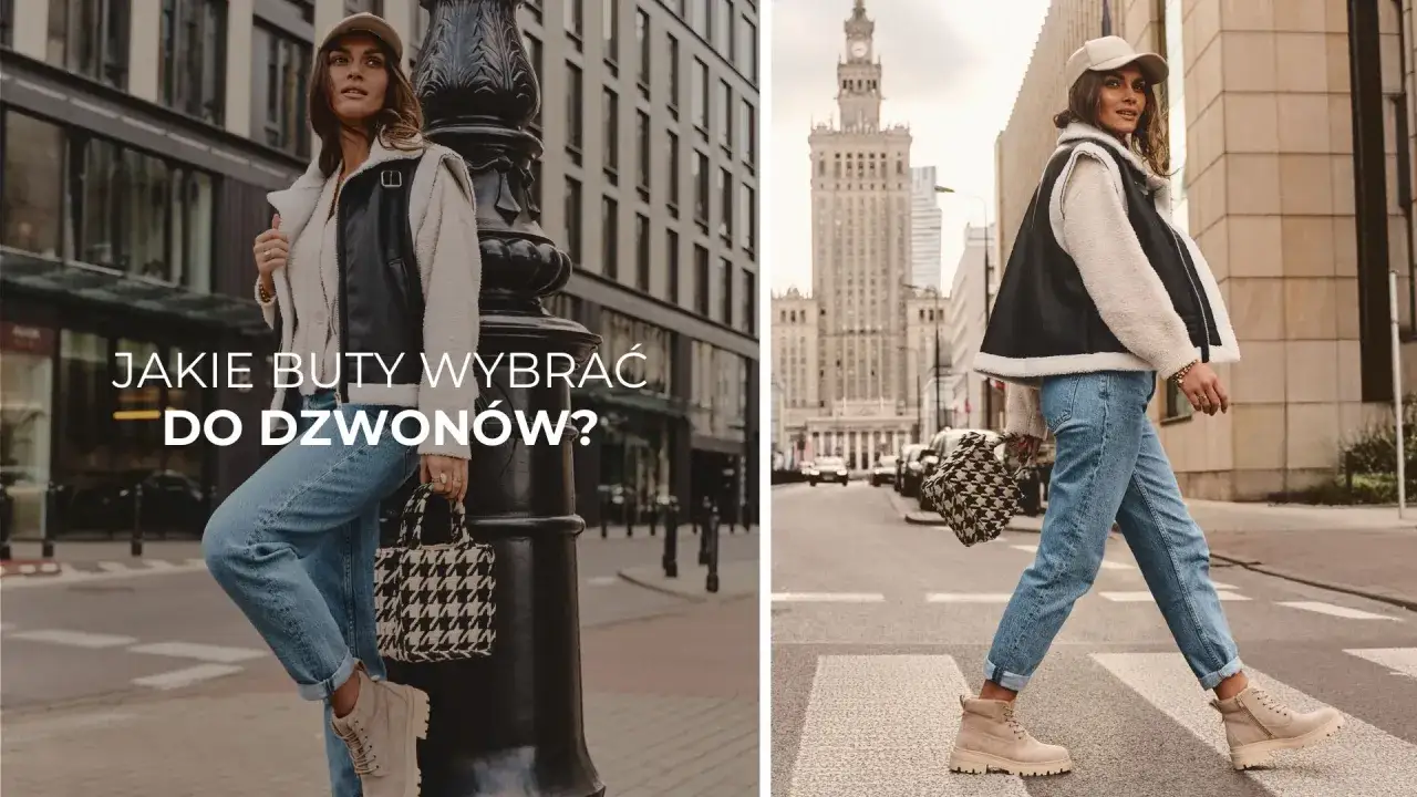Kobieta w jeansach dzwonach i beżowych botkach, prezentująca stylowe połączenie. Dowiedz się, jak nosić spodnie dzwony!
