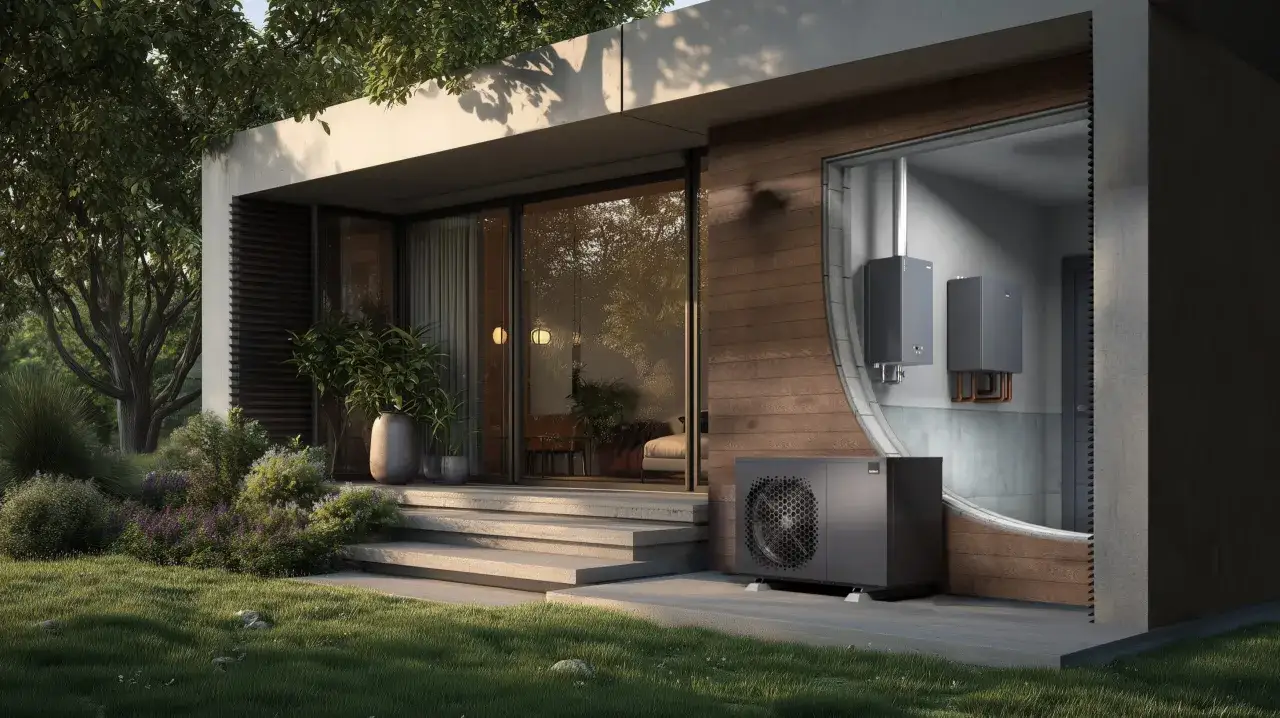 Nowe przepisy budowlane a prawda o zakazie ogrzewania gazem. Pokazano nowoczesny dom z pompą ciepła, alternatywą dla gazu.