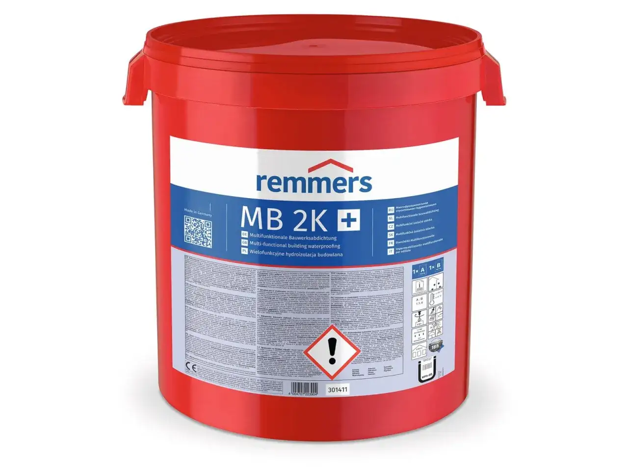 Czerwony, dwukomponentowy produkt Remmers MB 2K+ do hydroizolacji budowlanej, który po zmieszaniu tworzy elastyczny szlam mineralny.