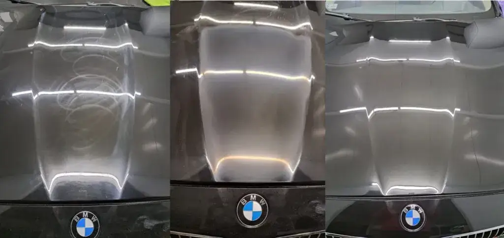 różne etapy polerowania lakieru samochodowego