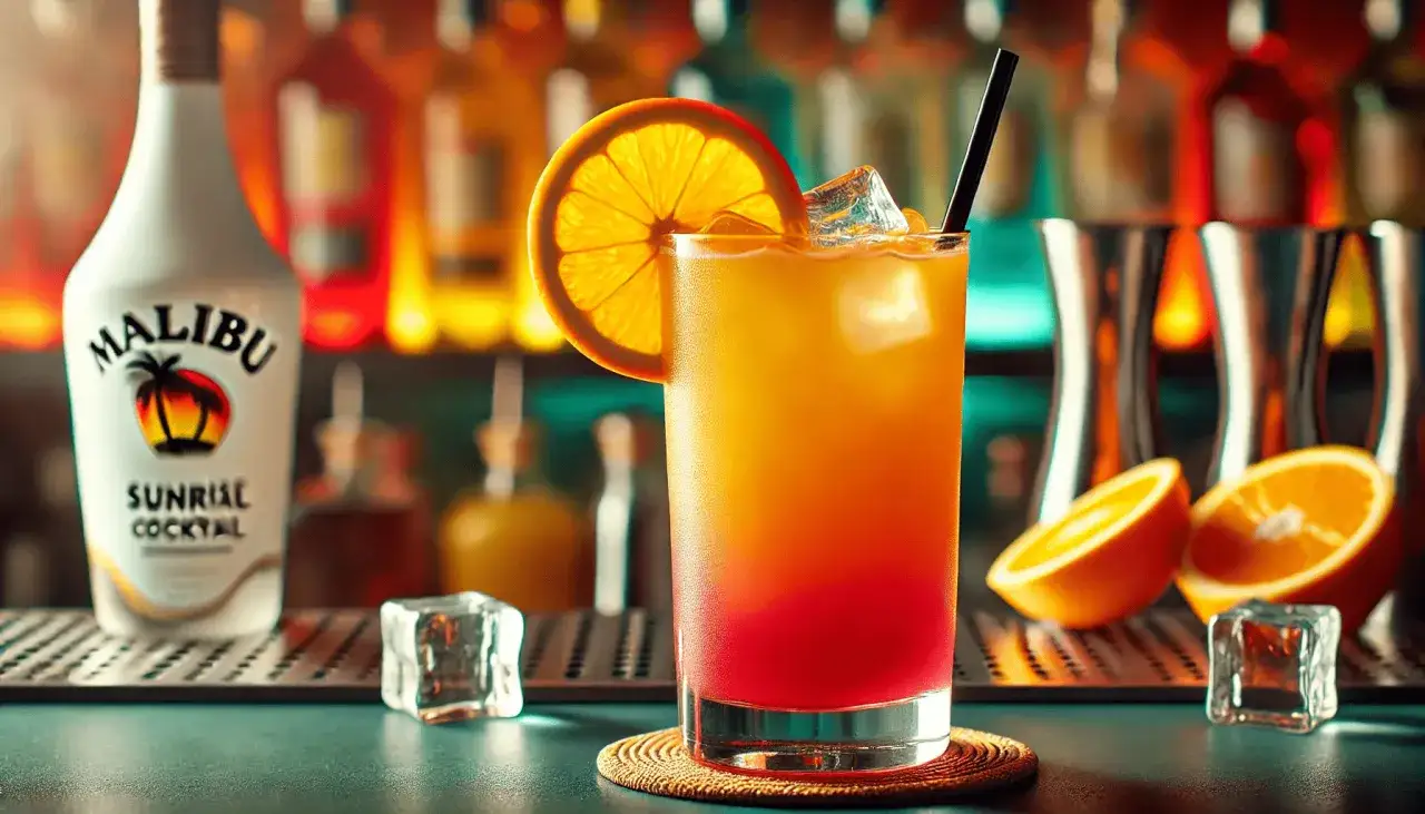 Kolorowy drink Malibu Sunrise, idealny przepis na lato. Na blacie barowym butelka Malibu, szklanka z drinkiem, pomarańcze i kostki lodu.