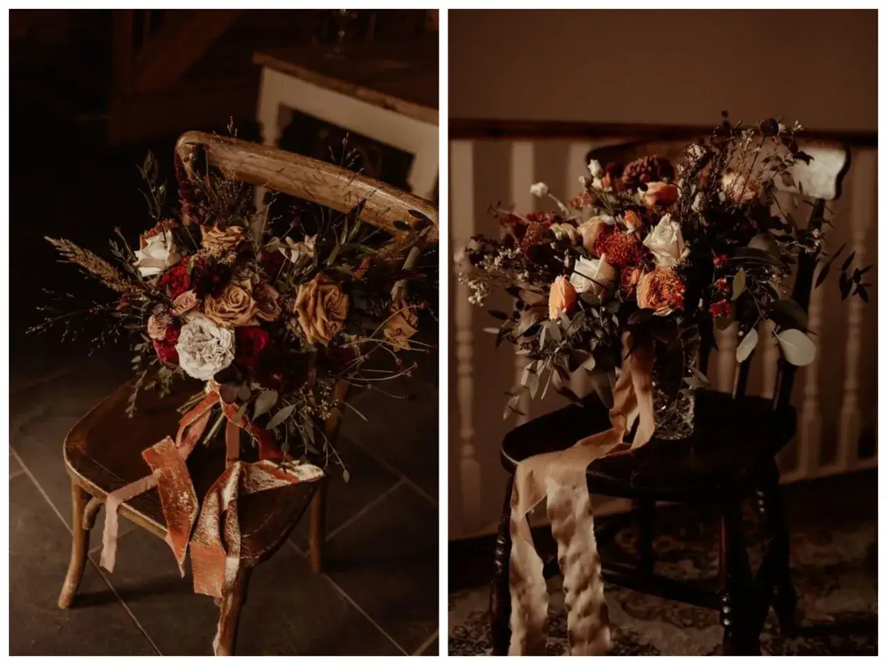 Jesienny bukiet ślubny w odcieniach czerwieni i złota, ozdobiony aksamitnymi wstążkami, idealnie oddaje klimat października.