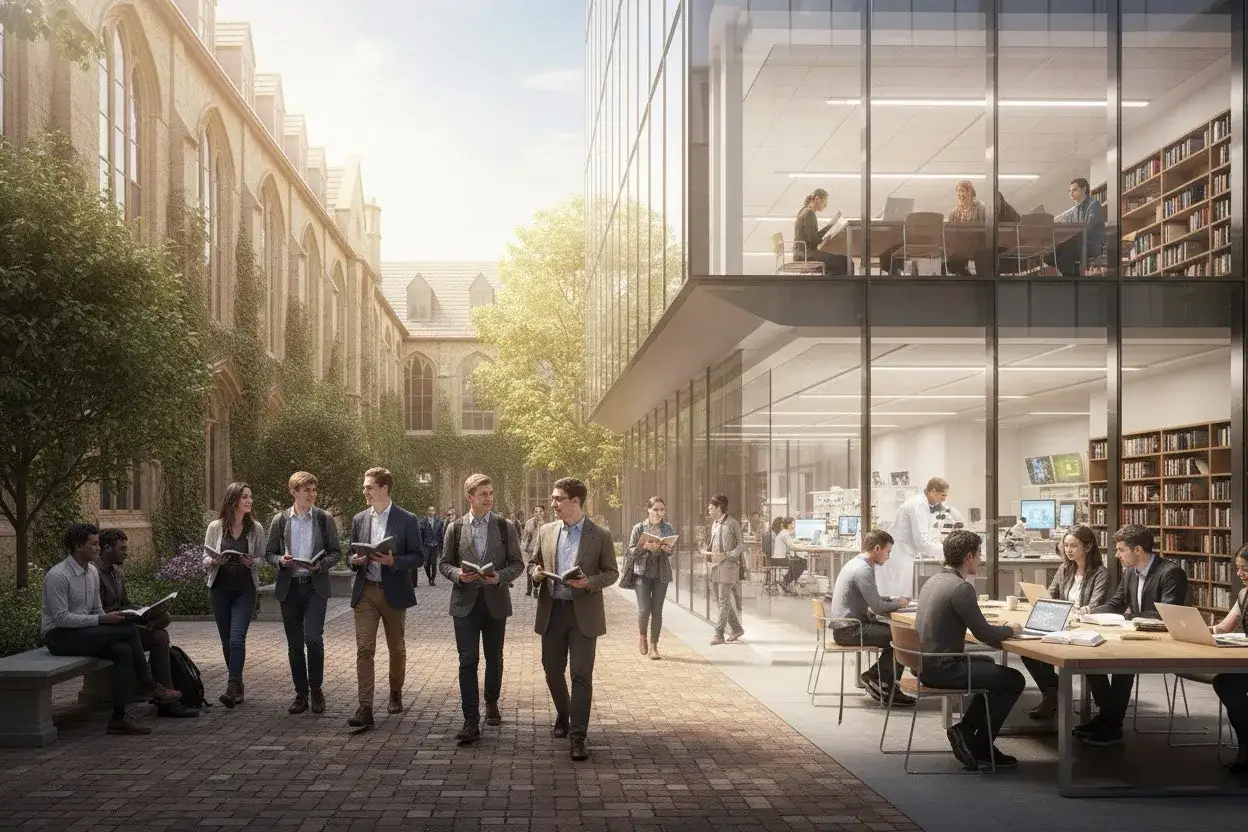 Studenci i wykładowcy w nowoczesnym kampusie, gdzie tradycyjna architektura spotyka się z innowacyjnym budynkiem laboratoryjnym. To miejsce, gdzie rodzi się wiedza – tak wygląda uniwersytet.