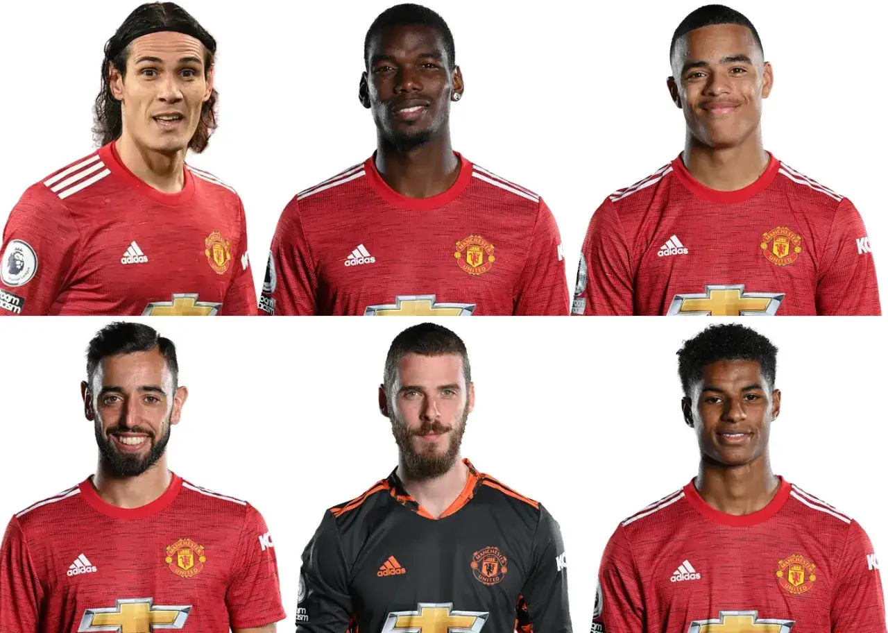 Cavani, Pogba, Greenwood, Fernandes, De Gea i Rashford - kluczowi gracze w składzie Manchester United.