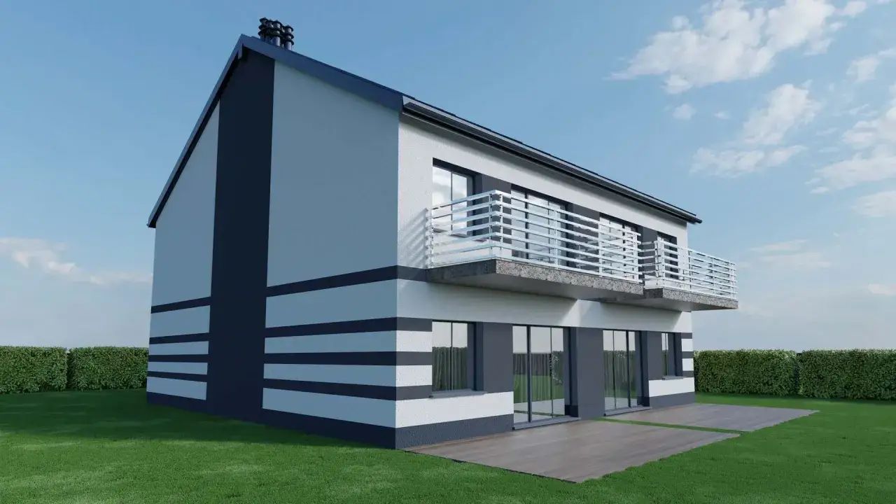 Nowoczesny dom z dwoma balkonami, gdzie malowanie elewacji domu wzory w ciemnym kolorze podkreśla jego architekturę.