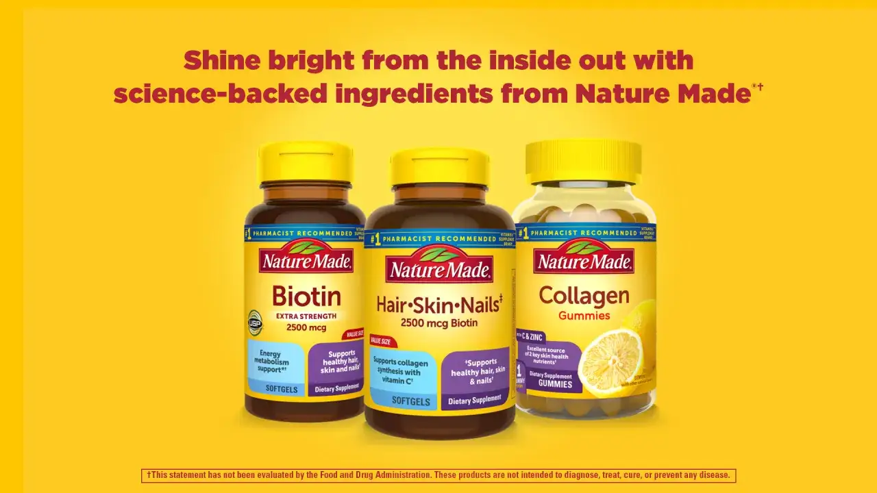 Biotyna na włosy Nature Made w kapsułkach i żelkach, wspierająca zdrowie sk&oacute;ry i paznokci.